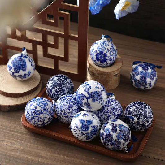 12 Pcs Chinoiserie Christmas Ornaments 2.36 Inch Blue White Ball Ornaments with Ribbon for Christmas Tree Home Party Decor Eleg