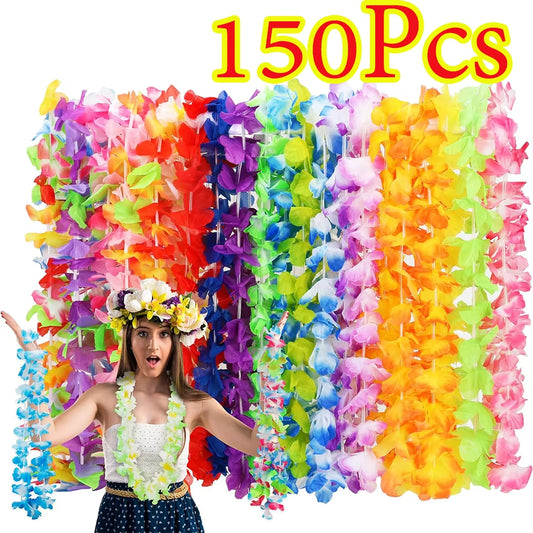 1-150Pcs Hawaiian Flower Wreath Necklace Hawaiian Leis Bulk for Luau Birthday Party Artificial Garland Decorations Supplies