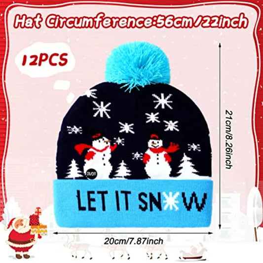 12 Pcs LED Christmas Sweater Hat Light up Xmas Beanie Knitted Cap Unisex Winter Hat for Holiday Party Outdoor Winter Wear Festi