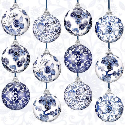 12 Pcs Chinoiserie Christmas Ornaments 2.36 Inch Blue White Ball Ornaments with Ribbon for Christmas Tree Home Party Decor Eleg
