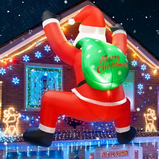 6FT Christmas Inflatable Decorations Hanging Santa Builtin Bright Leds Climbing Santa Claus with Gift Bag for Window Wall Outdo