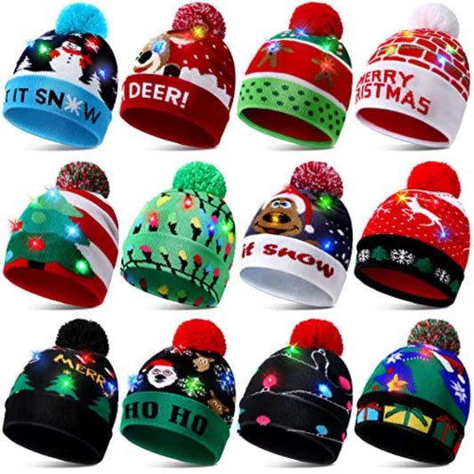 12 Pcs LED Christmas Sweater Hat Light up Xmas Beanie Knitted Cap Unisex Winter Hat for Holiday Party Outdoor Winter Wear Festi